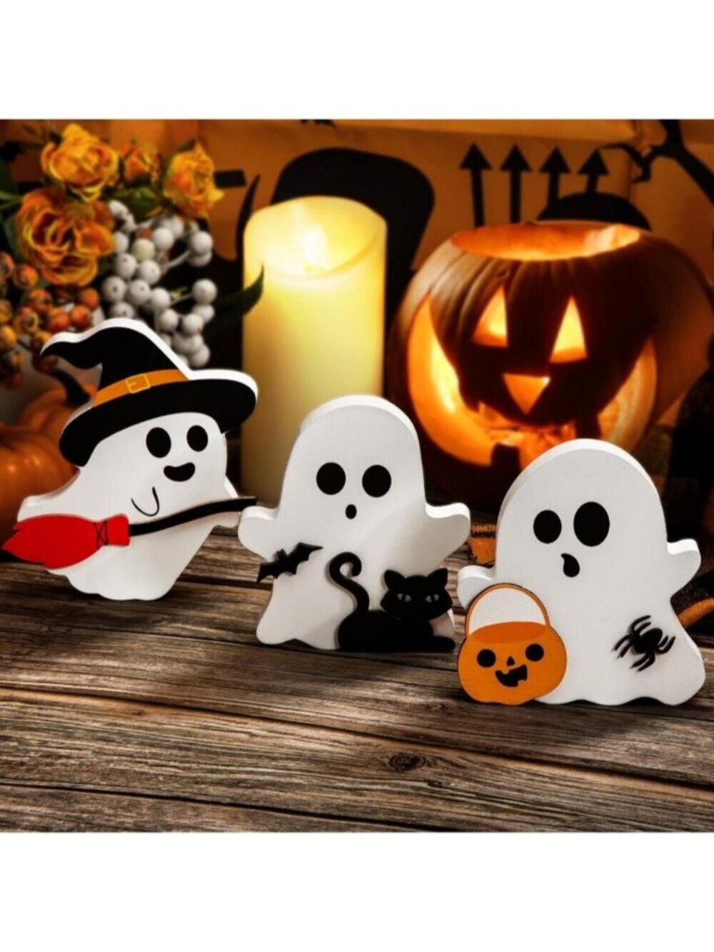 Cute Ghost Halloween Decorations Indoor Wooden Tiered Tray Decor Table Sign